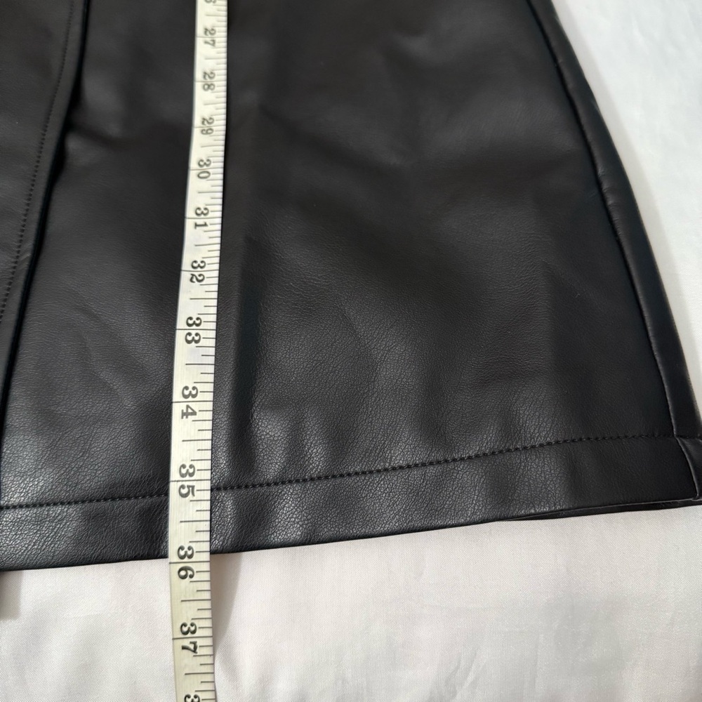 Black faux leather lapel collar belted open front trench coat - Picture 12 of 15